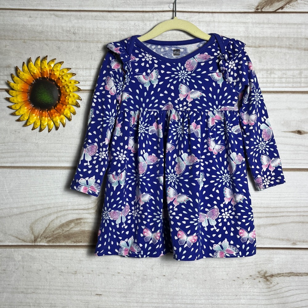 Tea Collection Kids Girls Purple Butterfly Print Long Sleeve Dress Size 2T